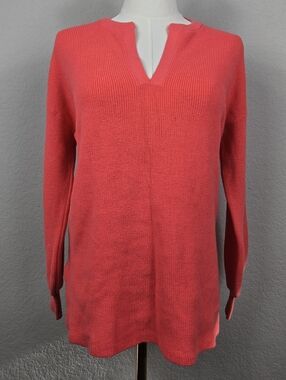 LOFT Coral 100% Cotton Split Neck Sweater Lightweight Jersey Knit Relaxed Fit XS